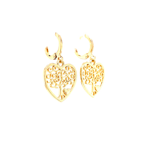 Introducing the Tree of Life and Heart Dangle Earrings, beautifully crafted from 14k gold-filled metal. These exquisite earrings feature a heart shape enriched with an intricate Tree of Life design at the center, offering a delicate pattern and shiny finish that exudes elegance and luxury.